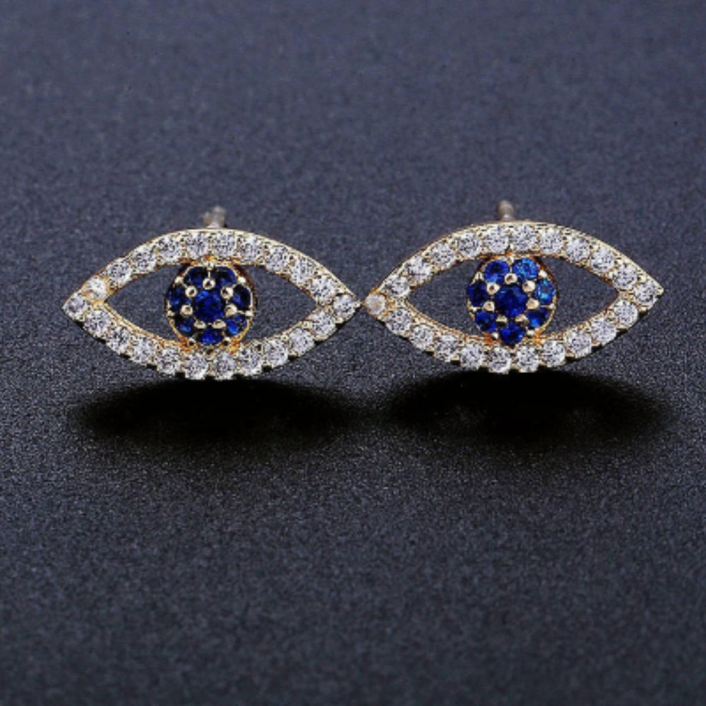 Gold and Blue CZ Evil Eye Stud Earrings